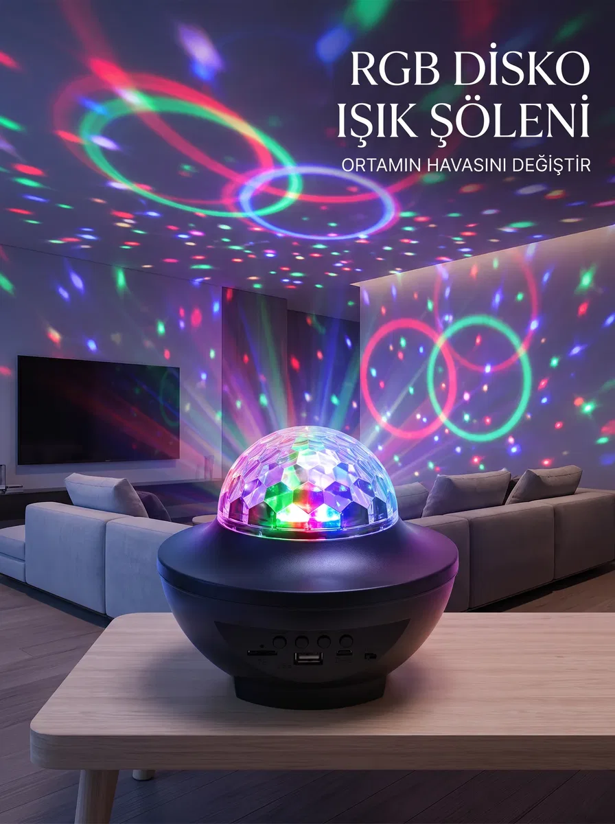 RGB Bluetooth Disko Lambası Dahili Hoparlörlü Müzikli Parti Işığı USB ve TF Kartlı