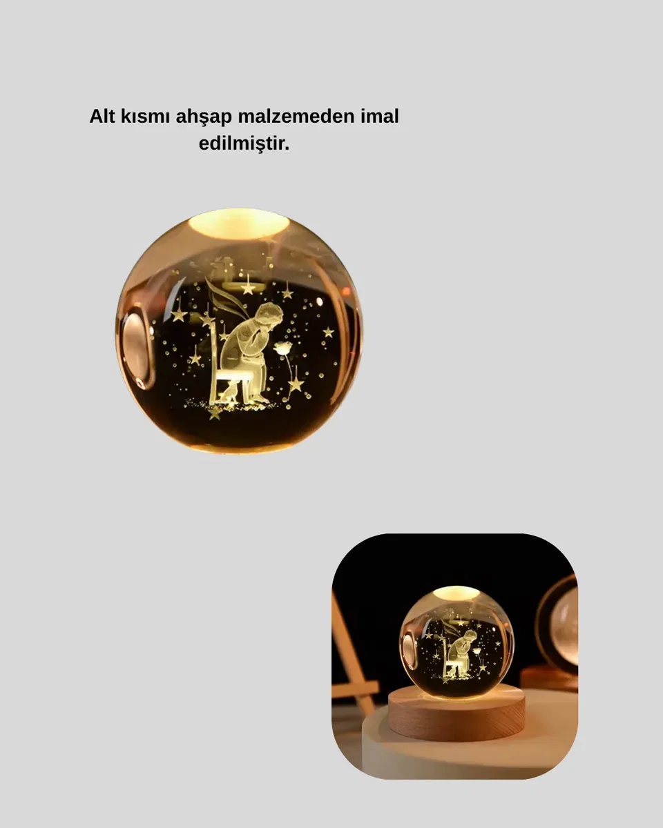 8 cm Küçük Prens Cam Küre USB Işıklı Ahşap Tabanlı Dekor görsel 4