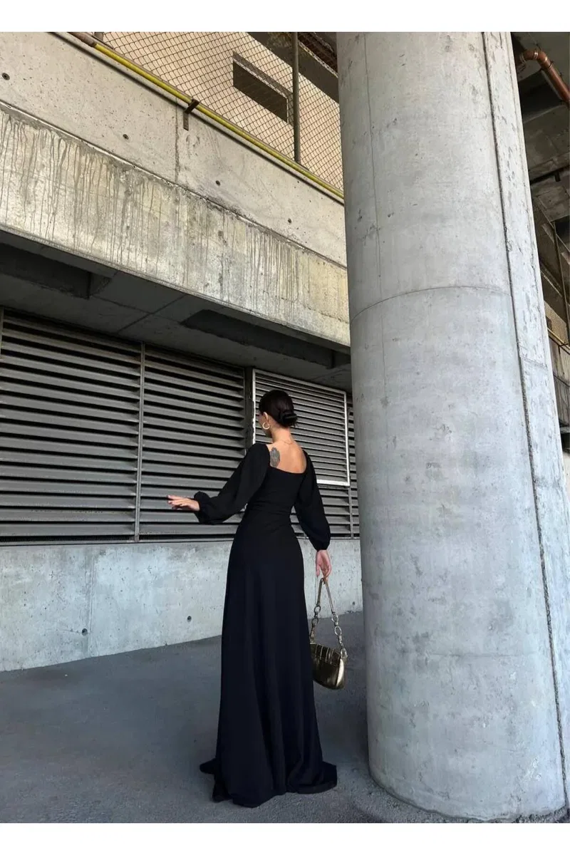 Kadın Şık Model Kare Yaka Balon Kol Saten Kumaş Elbise görsel 4