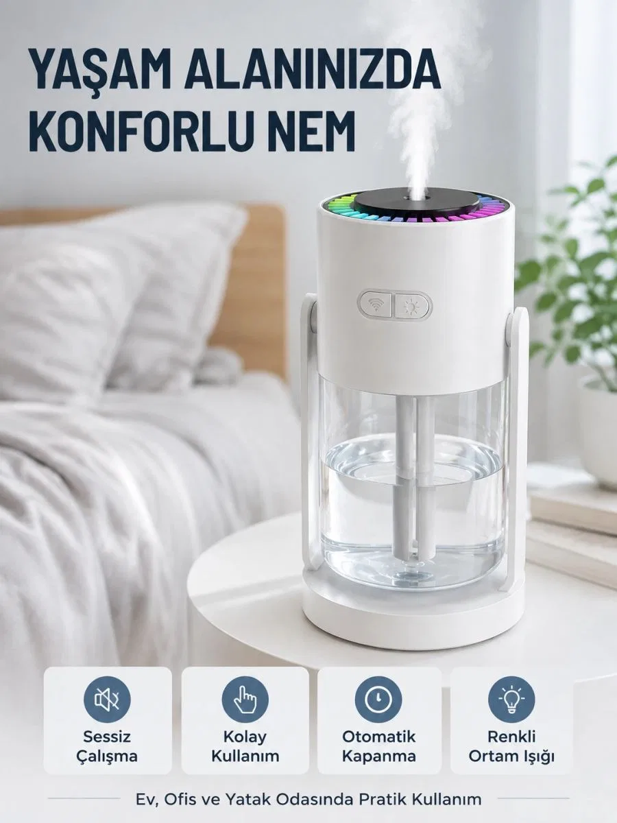 Ultrasonik Hava Nemlendirici Renkli Led Işıklı Sessiz Oda Nemlendirme Cihazı görsel 4