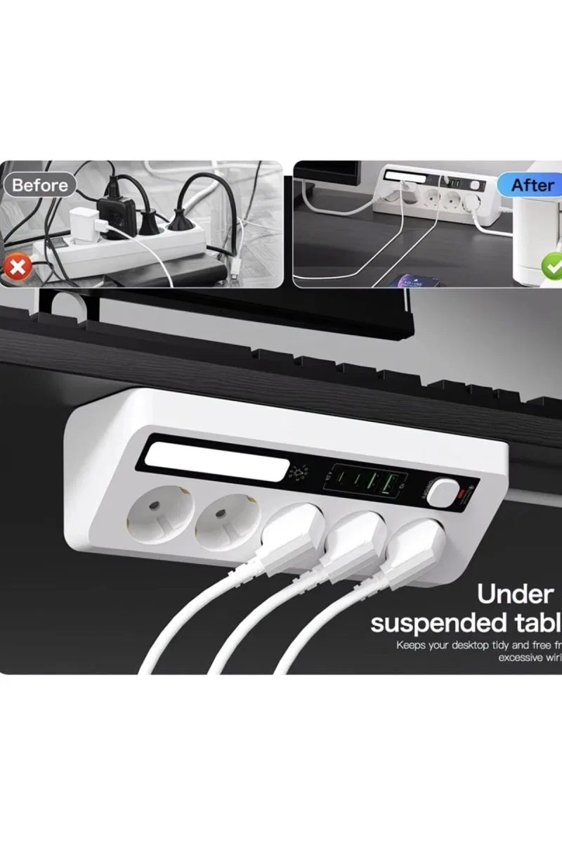5’li Akım Korumalı Priz 2500w | 2 Usb + 2 Type-c Hızlı Şarj | Led Gece Lambalı | Dokunmatik Siyah görsel 3