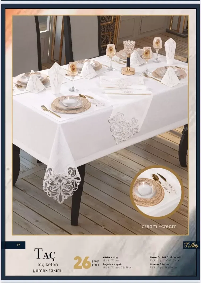 Taç Keten Krem-Krem 160 × 260 cm suplalı masa seti görsel 2