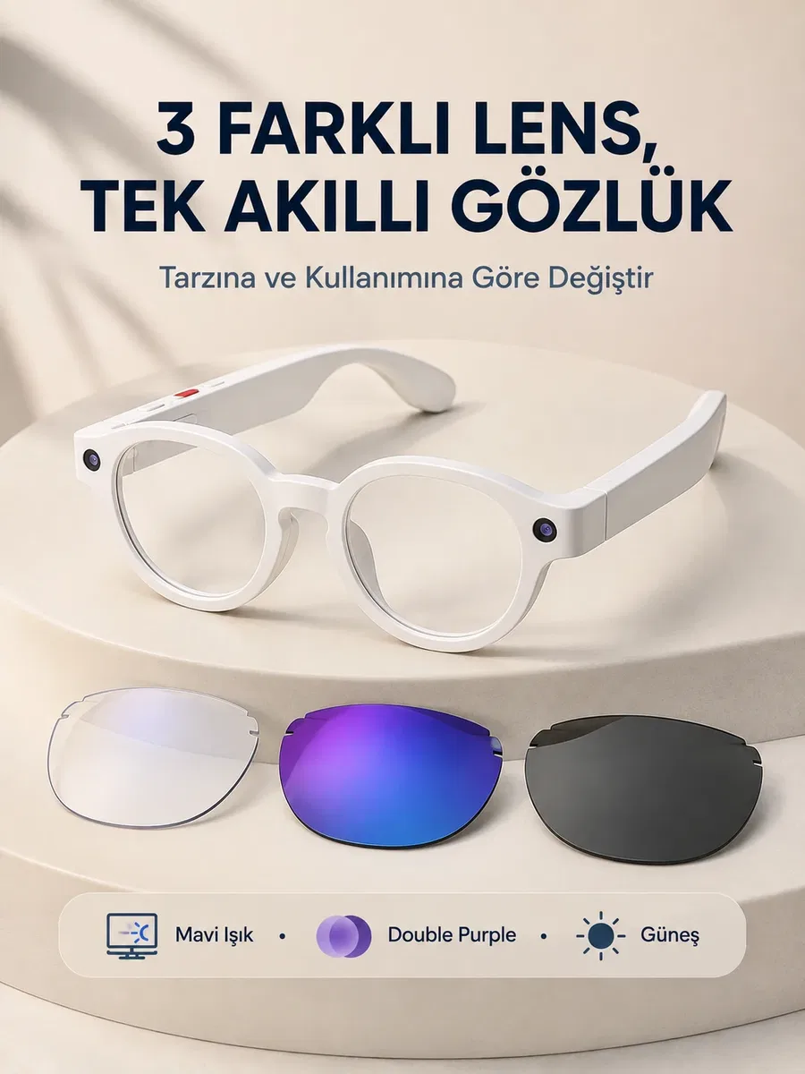 Beyaz Akıllı Kamera Gözlüğü Fotoğraf Video Çekimli Yapay Zeka Destekli Bluetooth Çoklu Dil Çeviri 3 Lensli