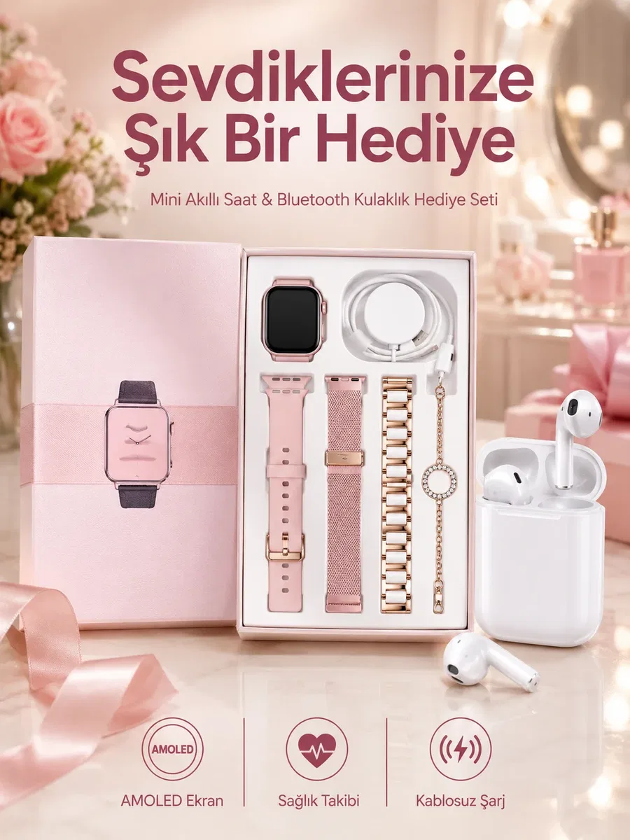 3 Kordonlu Dokunmatik Ekran Akıllı Saat ve 2. Nesil Kablosuz Bluetooth Kulaklık ANC/ENC