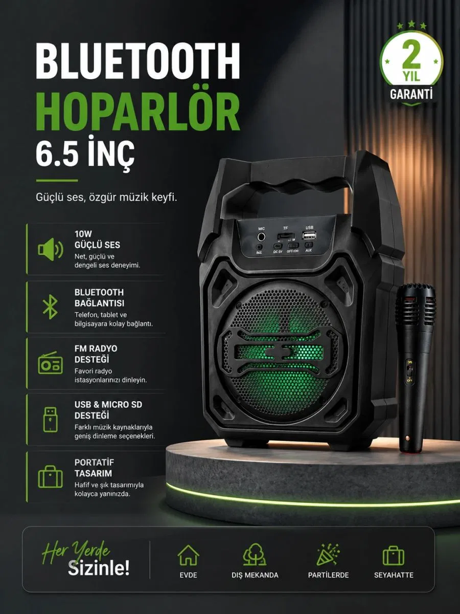 10w Güçlü Ses Performanslı Bluetooth Karaoke Hoparlörü