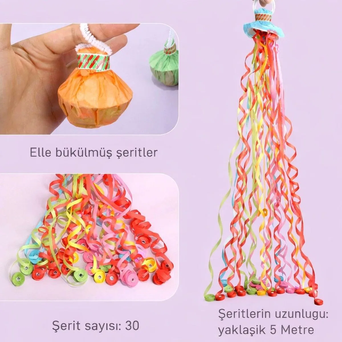 30 Şeritli Renkli Elle Atılan Konfeti – 5 Metre Uzayan Şerit Konfeti 1 Adet görsel 2