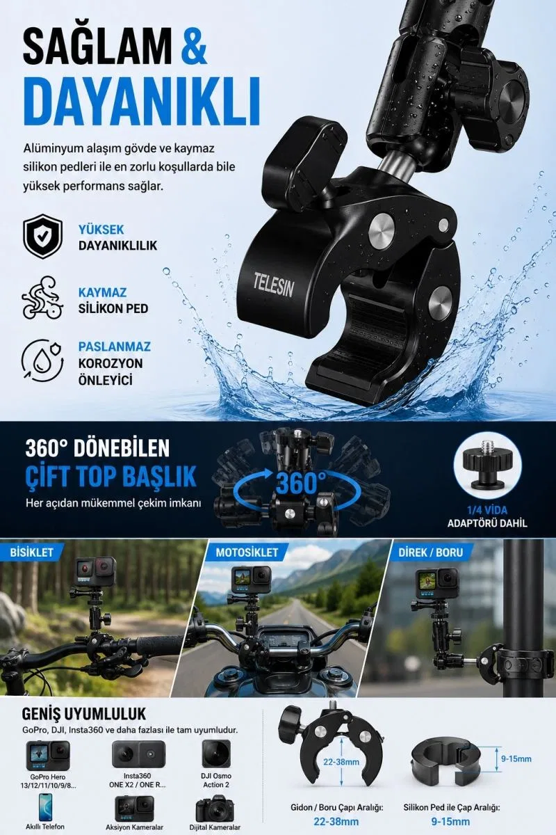 Motosiklet Bisiklet Gidon Kamera Montaj Metal Si 360° Döner Metal Tutucu görsel 2