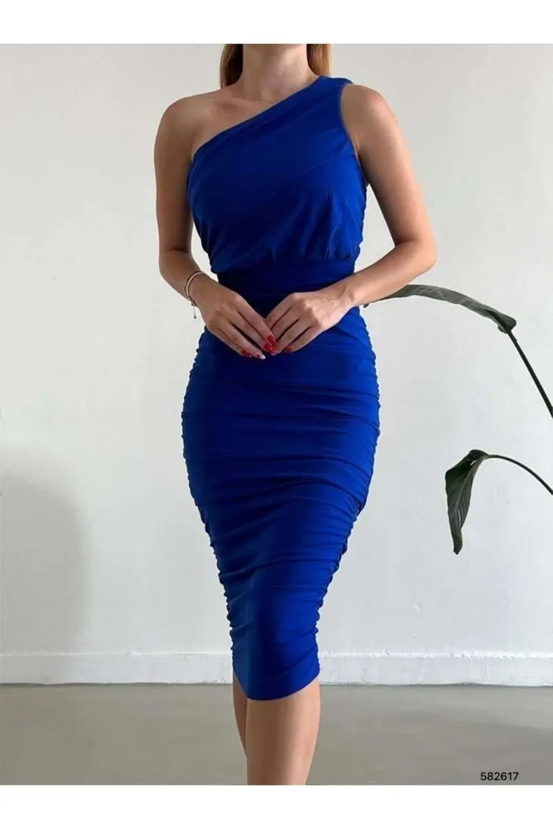 Kadın İnce Tek Omuz Tek Kol Krep Kumaş Bodycon Abiye Elbise görsel 5