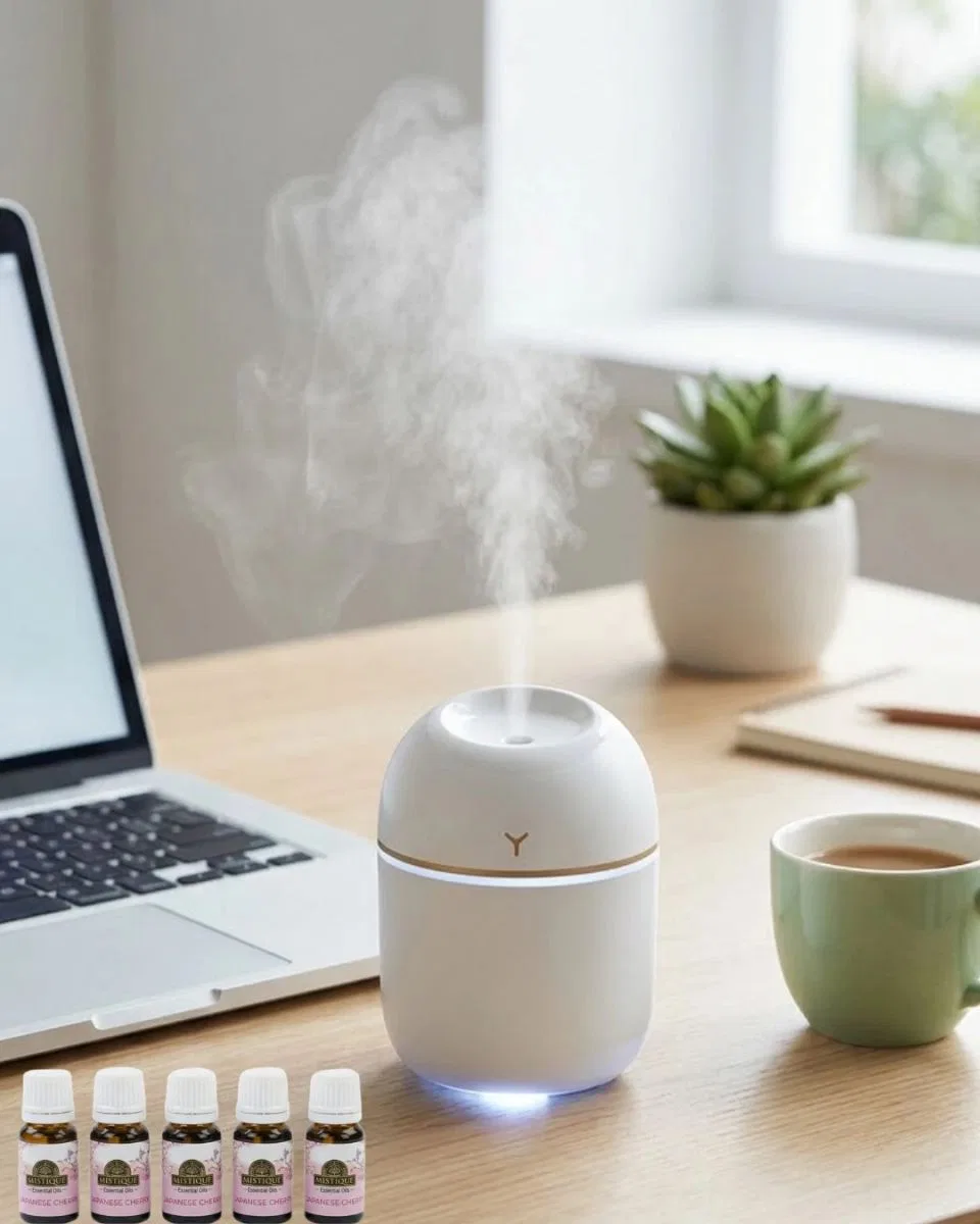 Mini Hava Nemlendirici Usb Bağlantılı Led Işıklı 5 Esans Hediyeli Aromaterapi Difüzörü