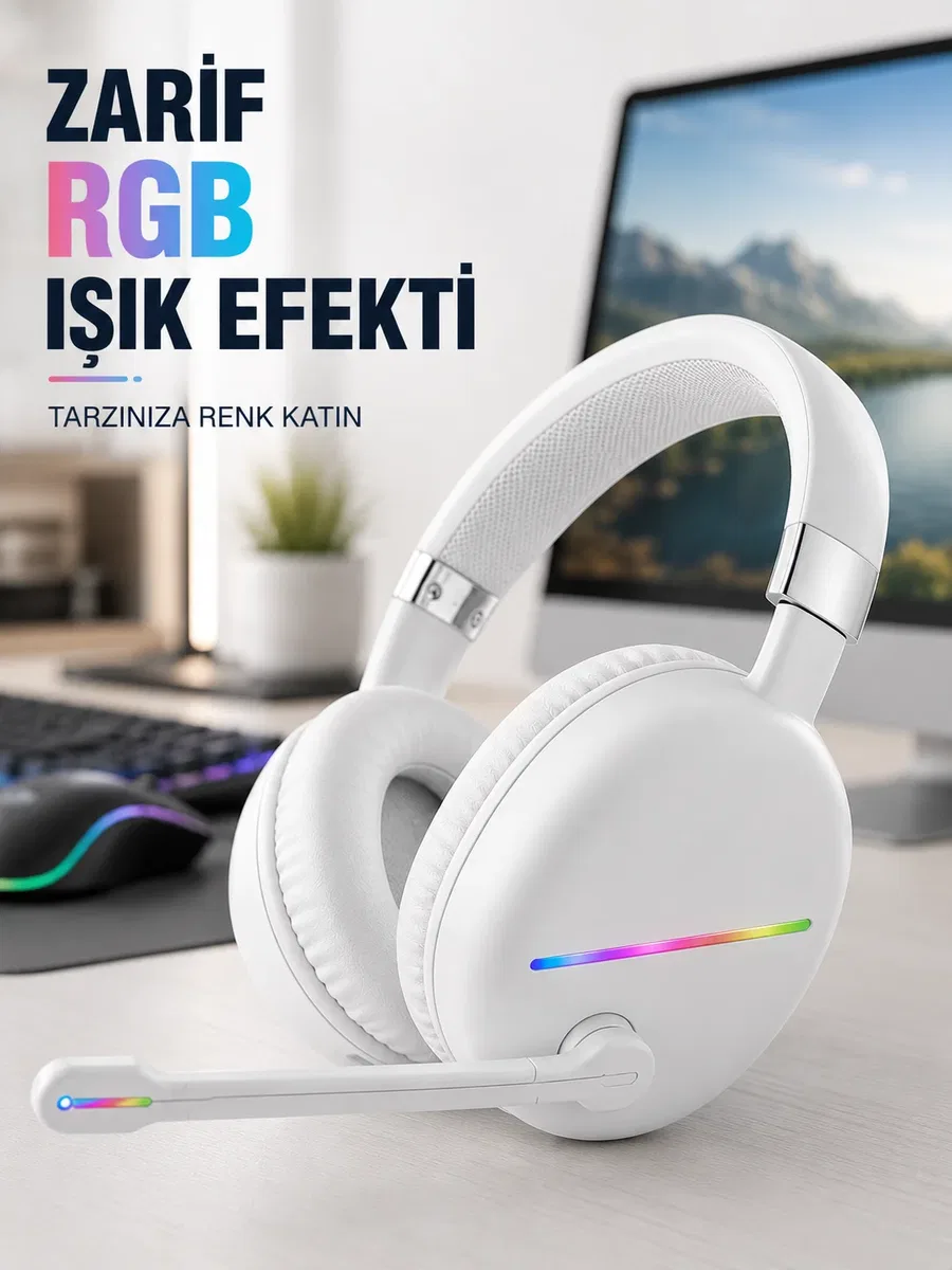 Bluetooth 5. 0 Beyaz Kulak Üstü Kablosuz Kulaklık Mikrofonlu RGB Aydınlatmalı