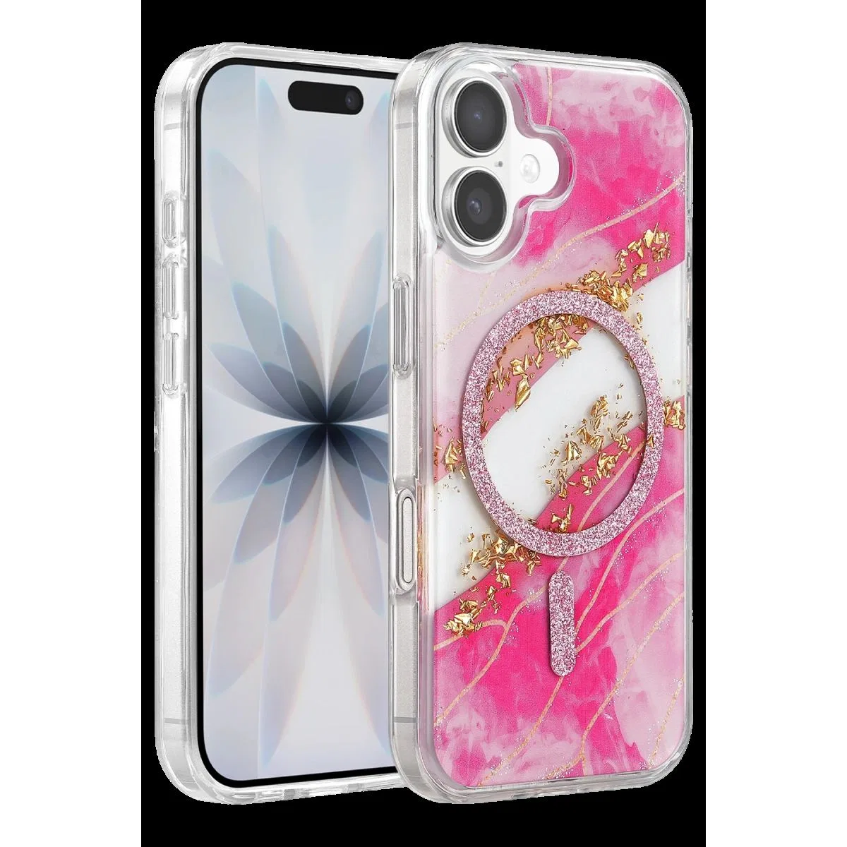 Onegif Apple İphone 17 Lotus Simli Magsafe Kapak - Pembe
