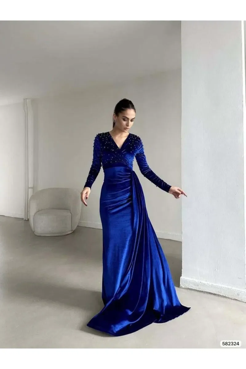 Kadın Şık Model V Yaka Uzun Kol Balık Kesim Abiye Elbise