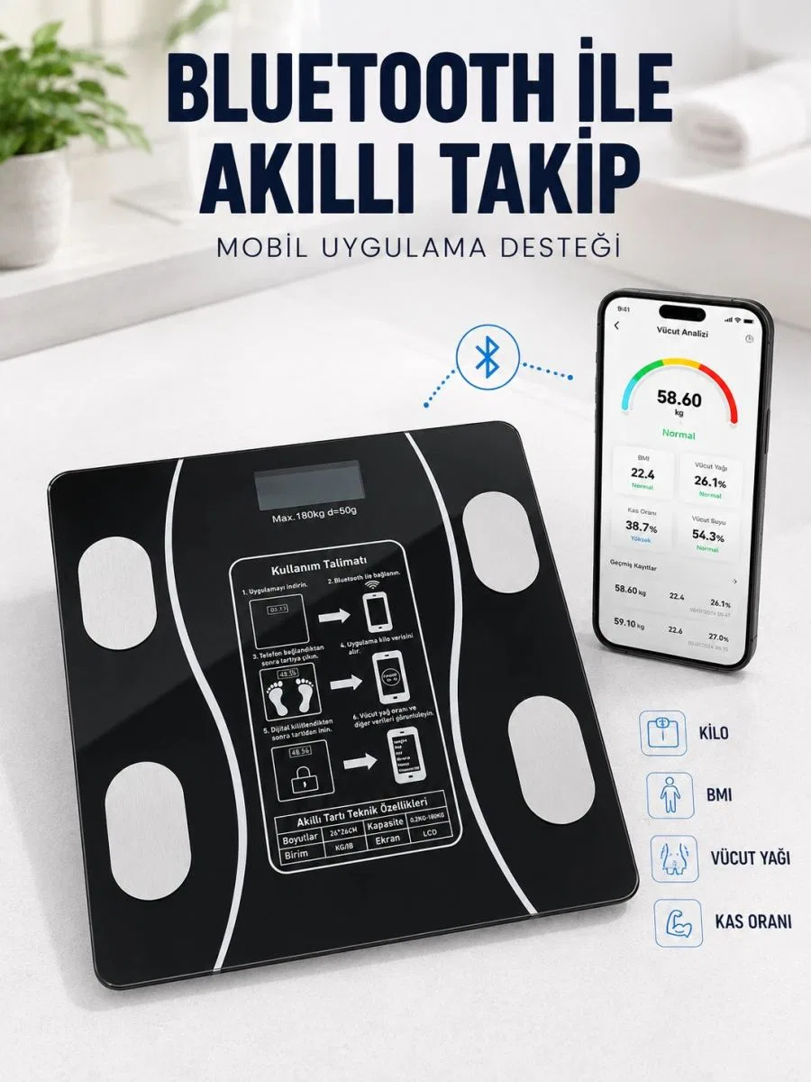 Akıllı Cam Baskül Bluetooth Mobil Uygulamalı Vücut iz Tartısı 180 Kg Lcd Ekran