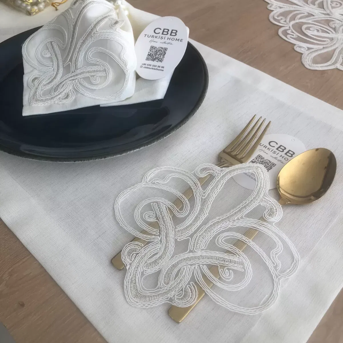 Sofra Takımı Taç Gardenya Keten Yemek Takımı 160x260 Masa Seti 26 Parça Runner Set Krem görsel 8