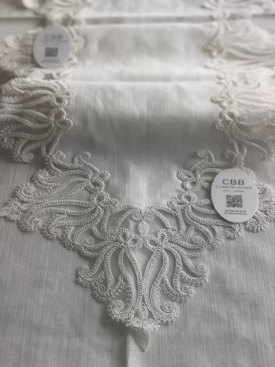 Sofra Takımı 155x220 cm Masa Seti Keten Dantelli Dekoratif Gülse Model Yemek Masası Örtüsü Krem görsel 8