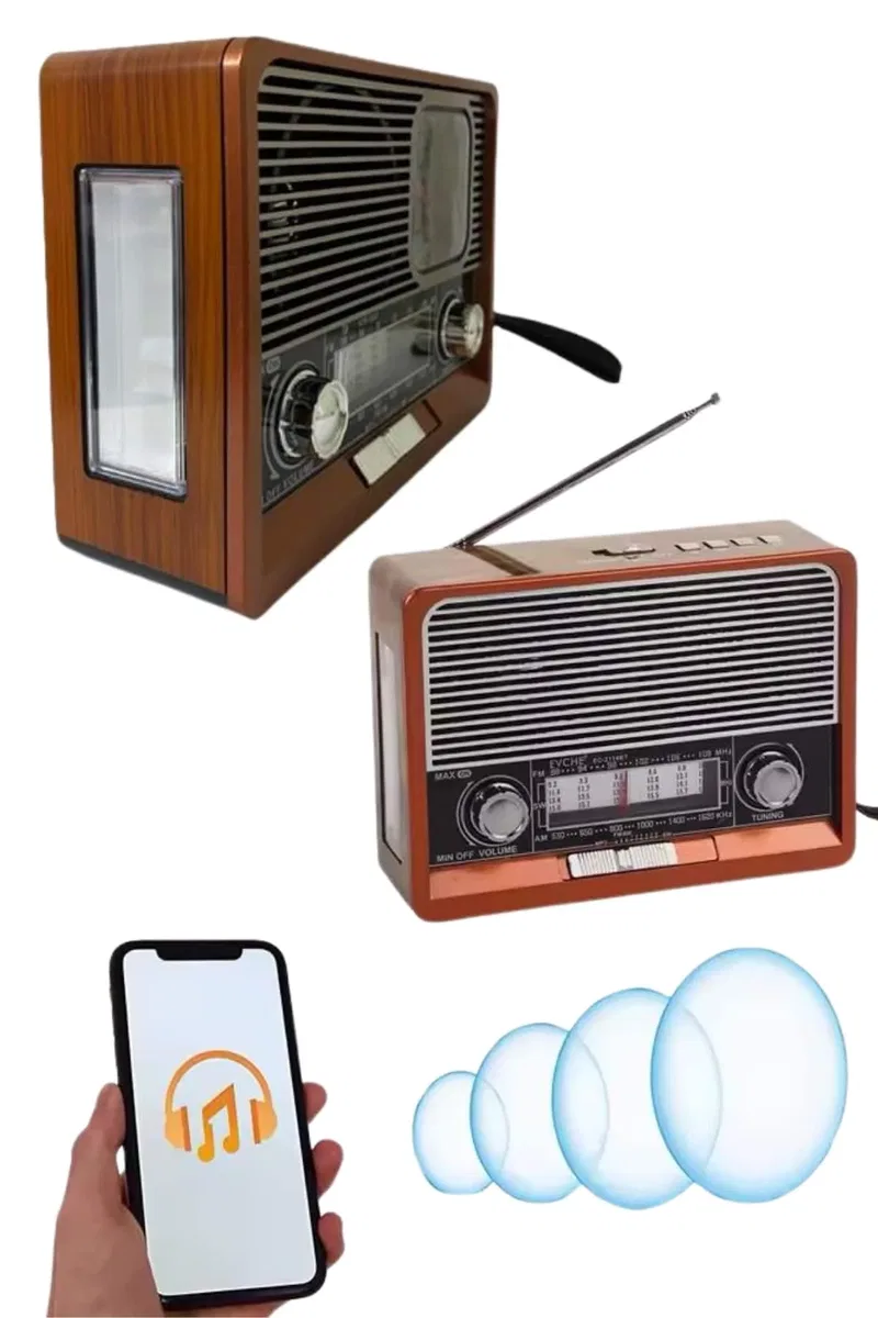 Saatli Fenerli Bluetooth Nostaljik Radyo AUX SD USB Girişli Bluetooth Hoparlör görsel 2