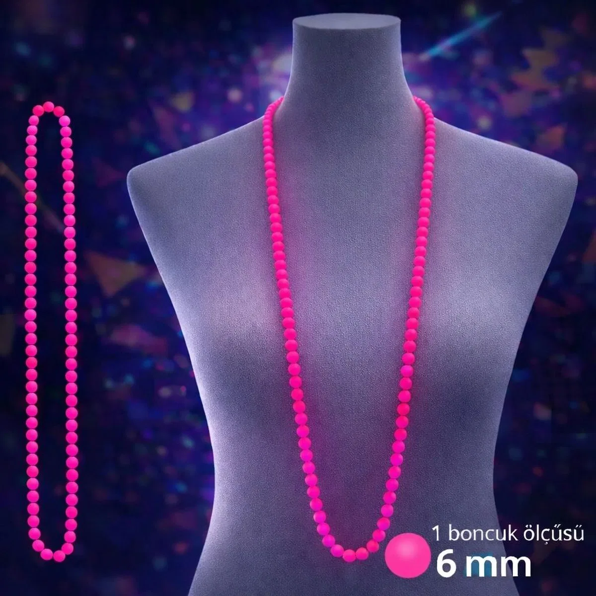 Neon Pembe Boncuk Kolye 80 Cm – Retro 80’ler 90’lar Parti Aksesuarı görsel 3