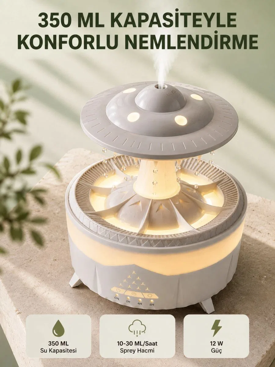 Dekoratif Ufo Hava Nemlendirici Simüle Yağmur Damlalı Renkli Gece Işıklı 350 Ml