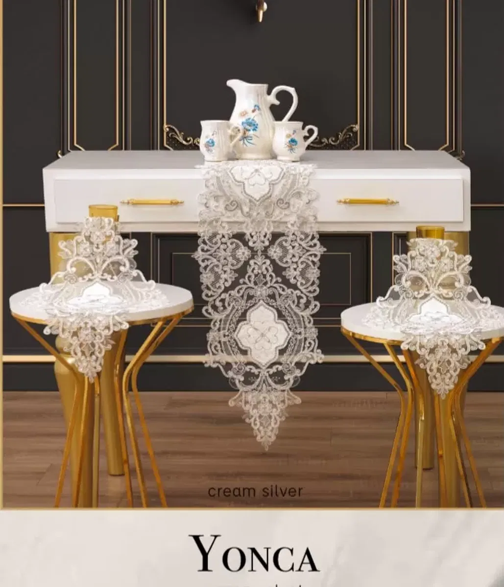 Salon Takımı 3 Parça Velvet Kadife Dantelli Masa Örtüsü Runner Seti Yonca Model - Krem-Silver görsel 3