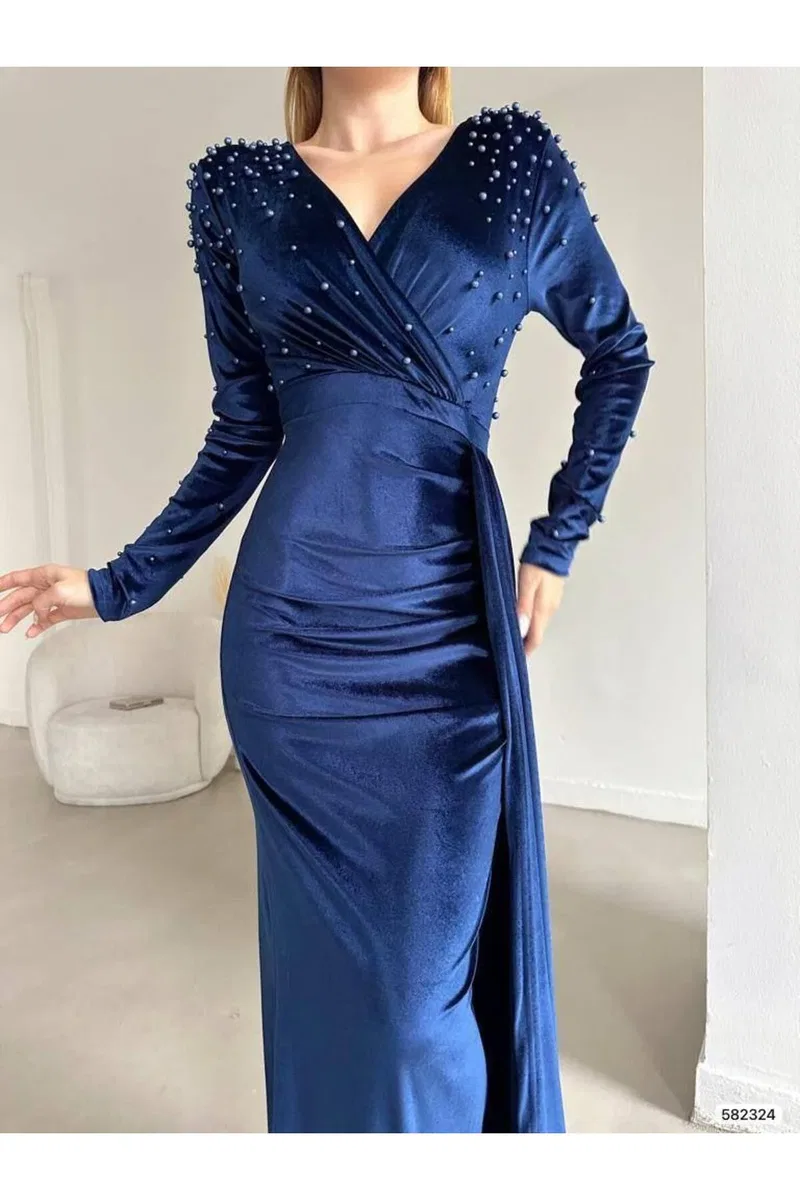 Kadın Şık Model V Yaka Uzun Kol Balık Kesim Abiye Elbise görsel 7