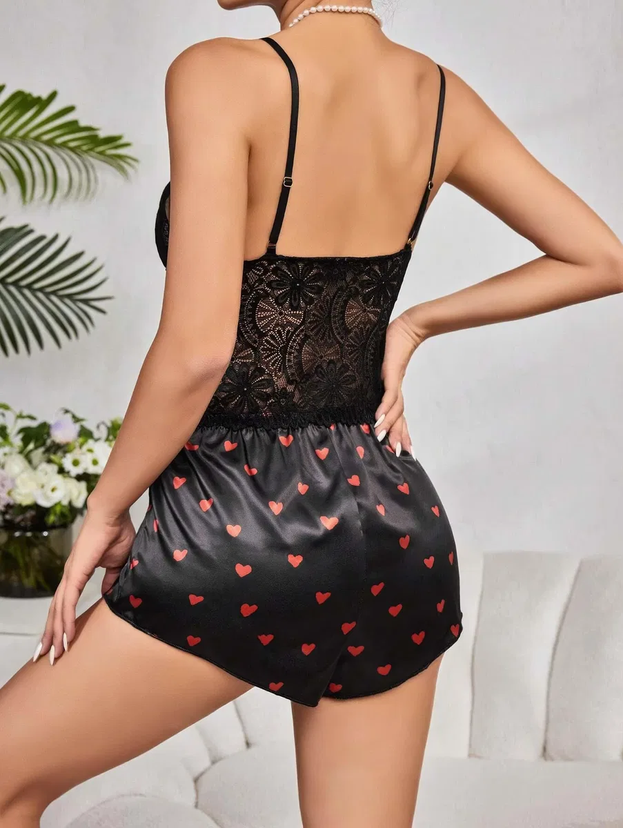 Kadın Siyah Kırmızı Kalp Desenli Saten Şort Pijama Takımı 2232 görsel 2