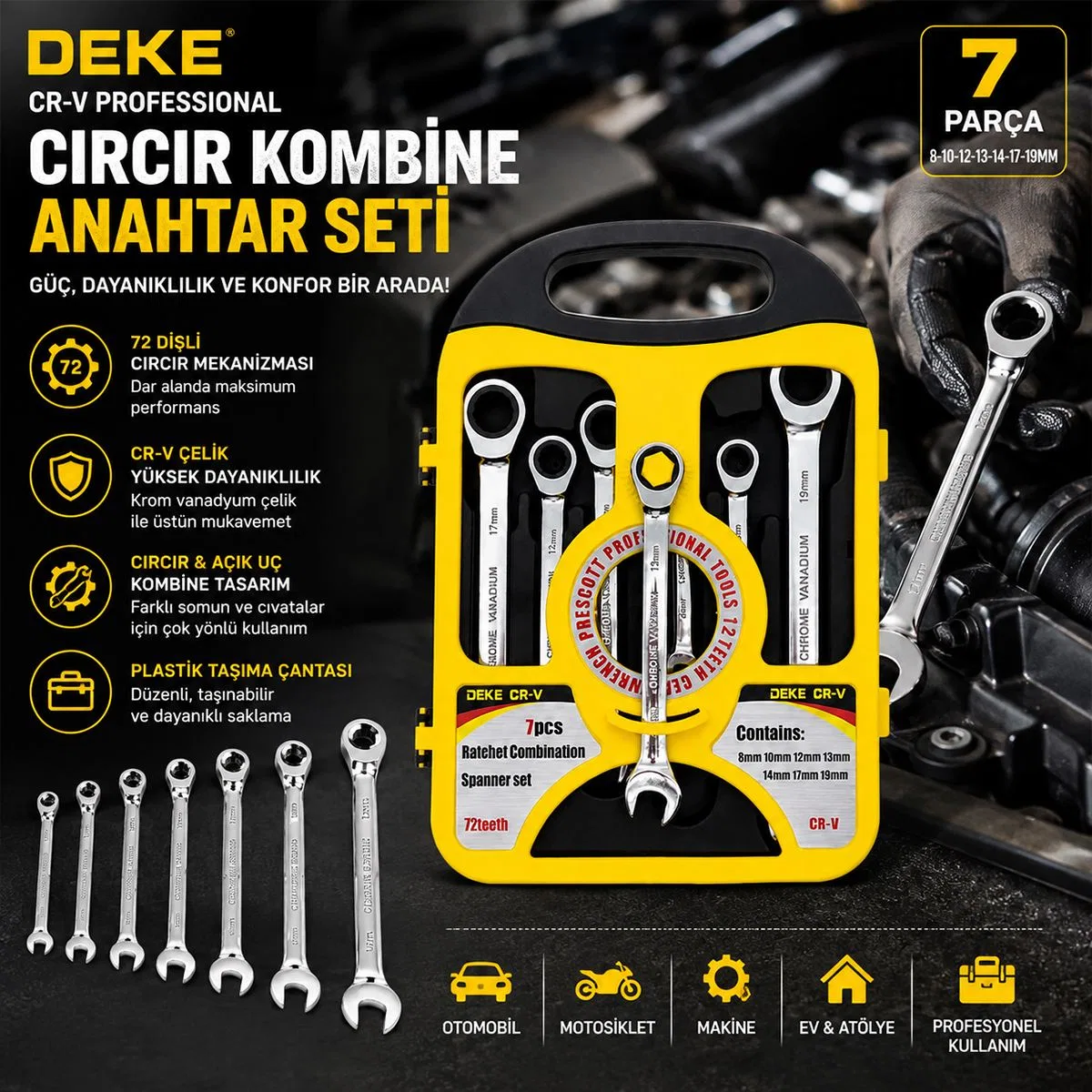 7 Parça CR-V Lokmalı Kombine Anahtar Seti 8-19 mm görsel 5