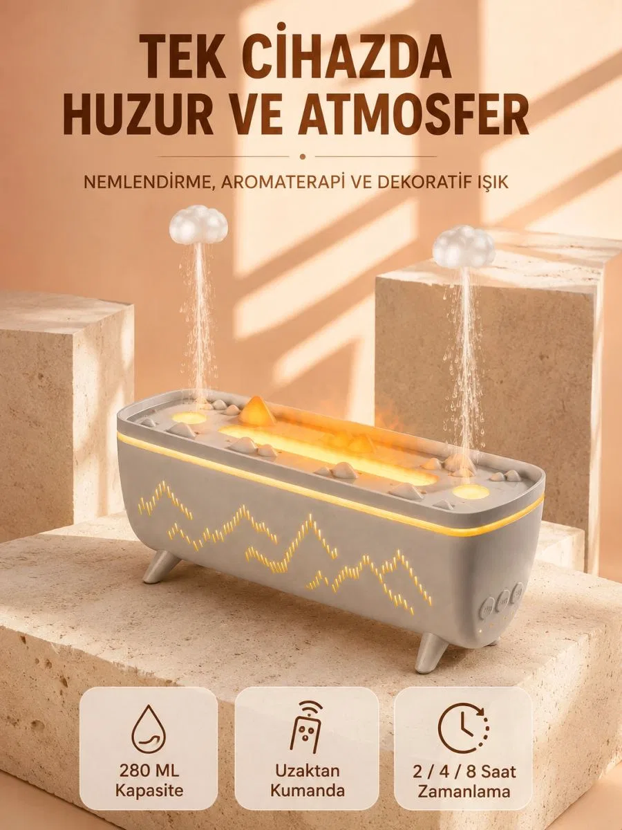 Aroma Difüzörü 280 Ml Yağmur Damlası Efektli Hava Nemlendirici Uzaktan Kumandalı Led Işıklı
