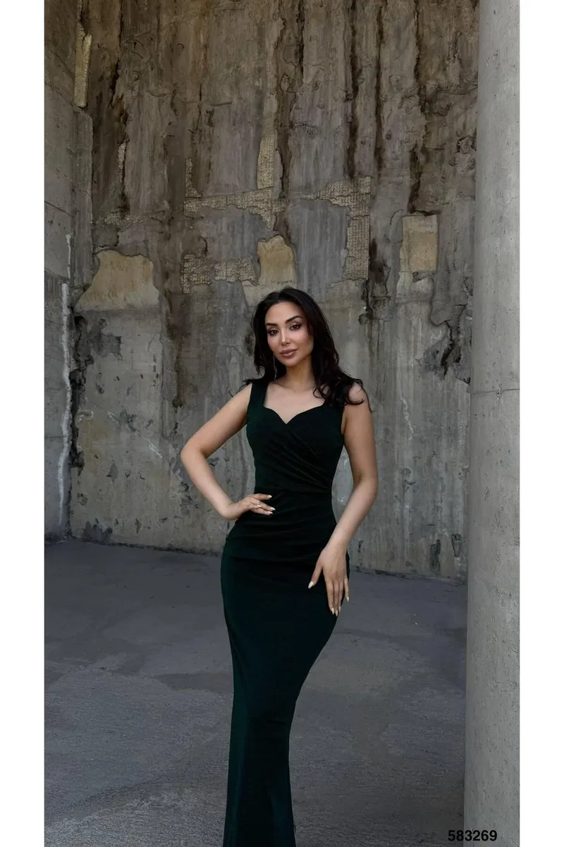 Kadın Şık Model Kalp Yaka Askılı Çiçekli Balık Kesim Abiye Elbise görsel 2
