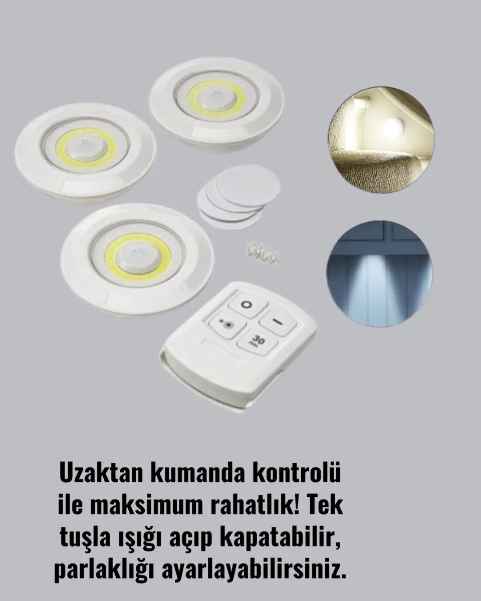 Çok Amaçlı Kullanım İçin Kablosuz Yapışkanlı 3 Lü Uzaktan Kumandalı Led Spot Lamba görsel 3
