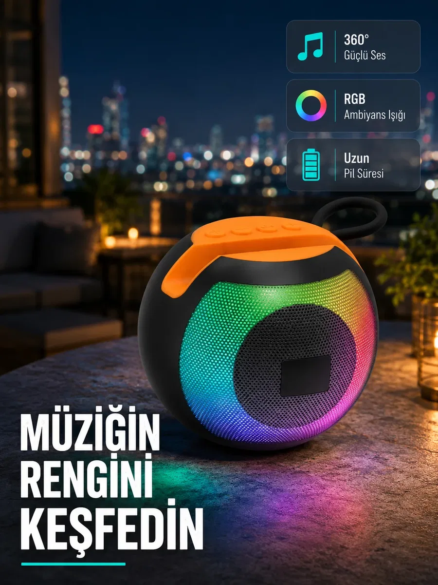 Bluetooth 5. 0 Hoparlör – RGB Işıklı, Güçlü Bas ve 360° Surround Ses