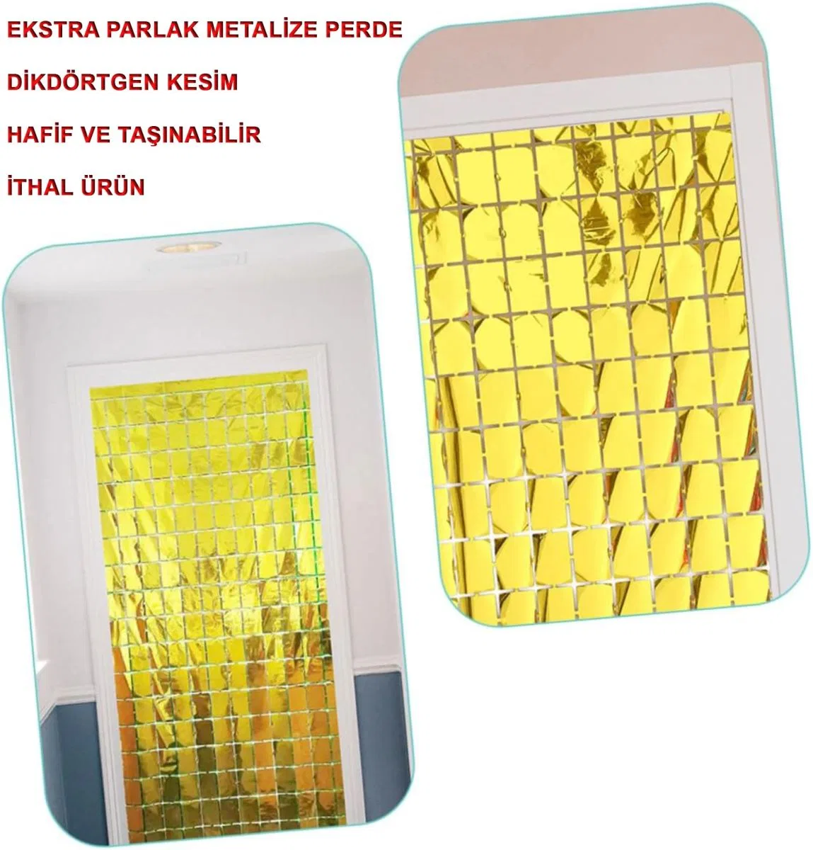 Ekstra Metalize Altın Renk Disko Dikdörtgen Kesim Kapı Perdesi Dekorasyon 1x2 Metre görsel 2