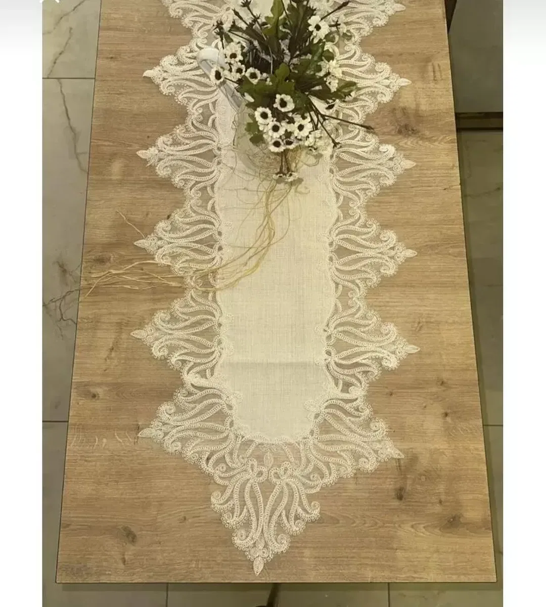 Salon Takımı 5 Parça Keten Masa Örtüsü Runner Seti Çeyizlik Gülseda Model No 896 Krem-Krem görsel 3