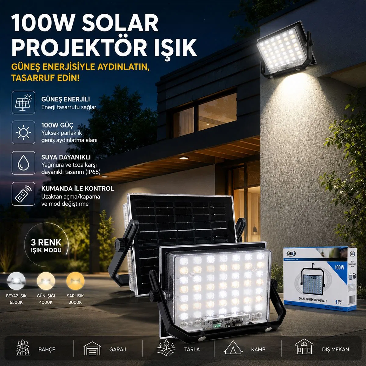 100W Güneş Enerjili LED Işık (Solar) - Dış Mekan & Kamp görsel 3