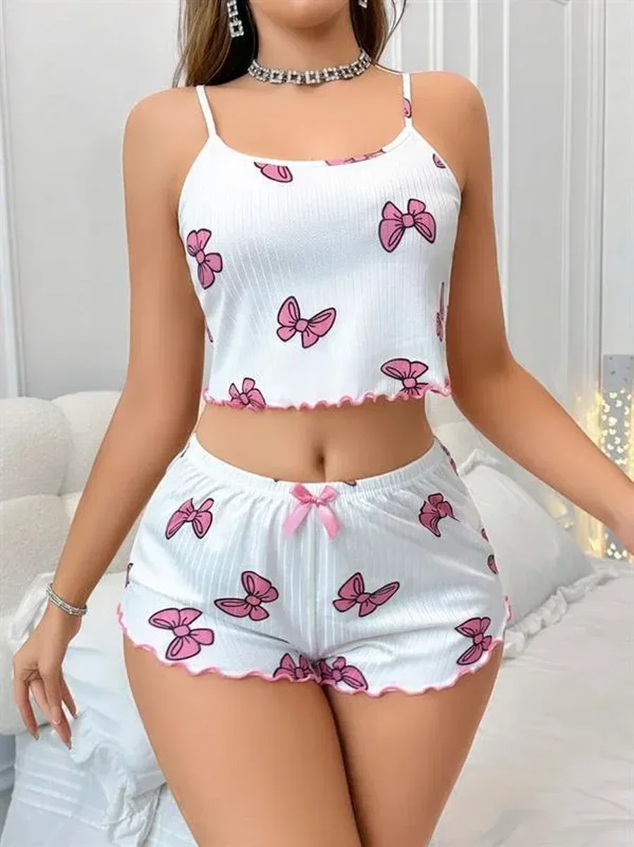 Pamuklu Beyaz Üstüne Pembe Kurdela Desenli Fitilli Askılı Şortlu Pijama Takımı görsel 2