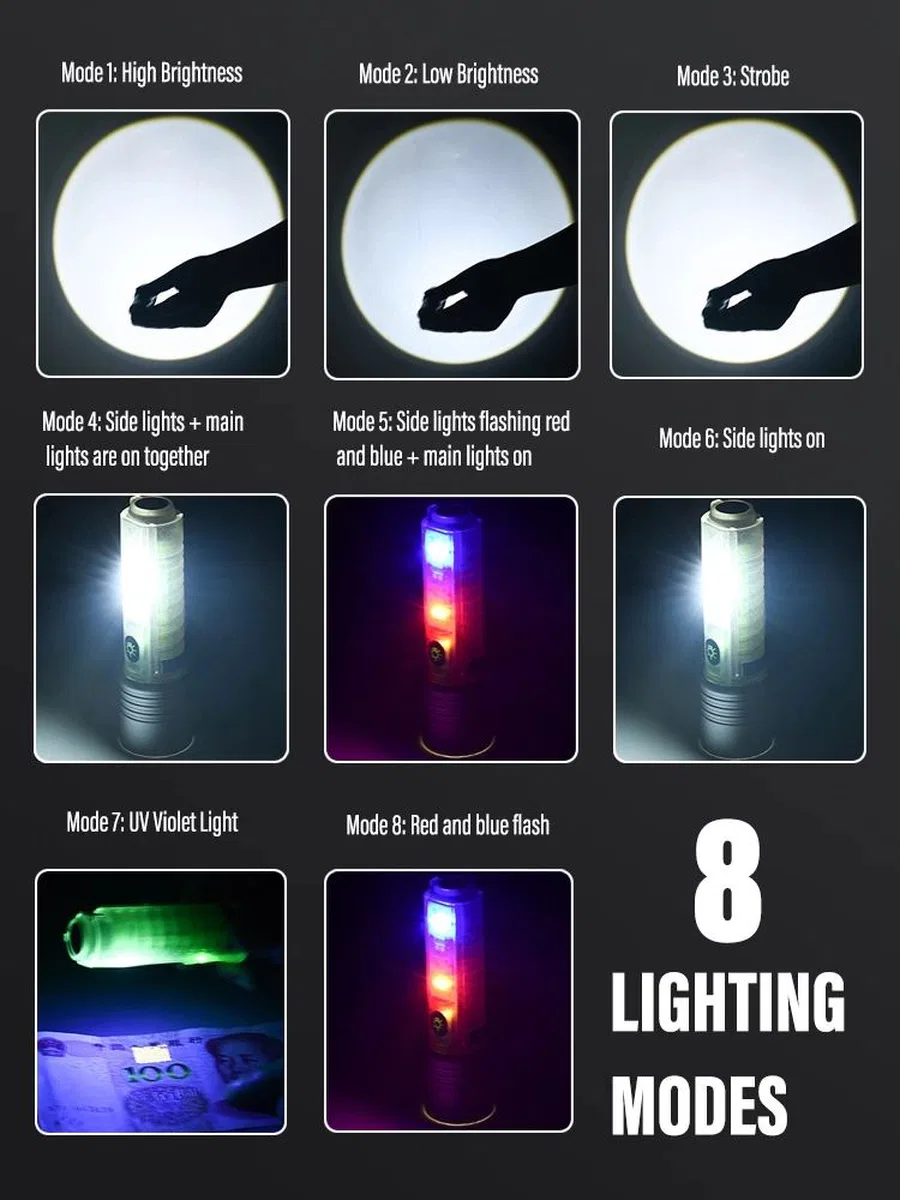 Profesyonel Tg Led Güçlü 8 Modlu Type-c 1000 Lümen Polis Çakarlı Şarjlı El Feneri görsel 5