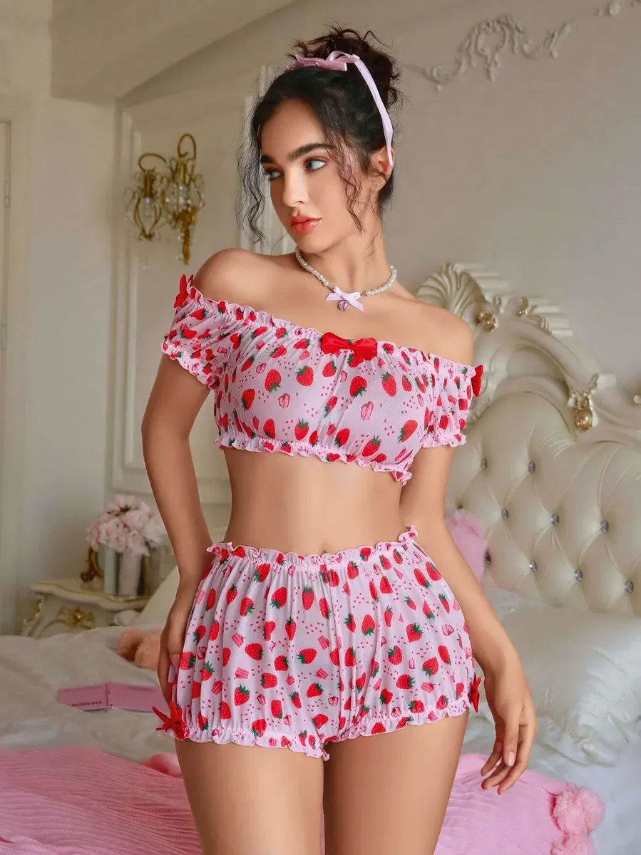 Kadın Pembe Çilek Desenli Şort takım 2156 görsel 2