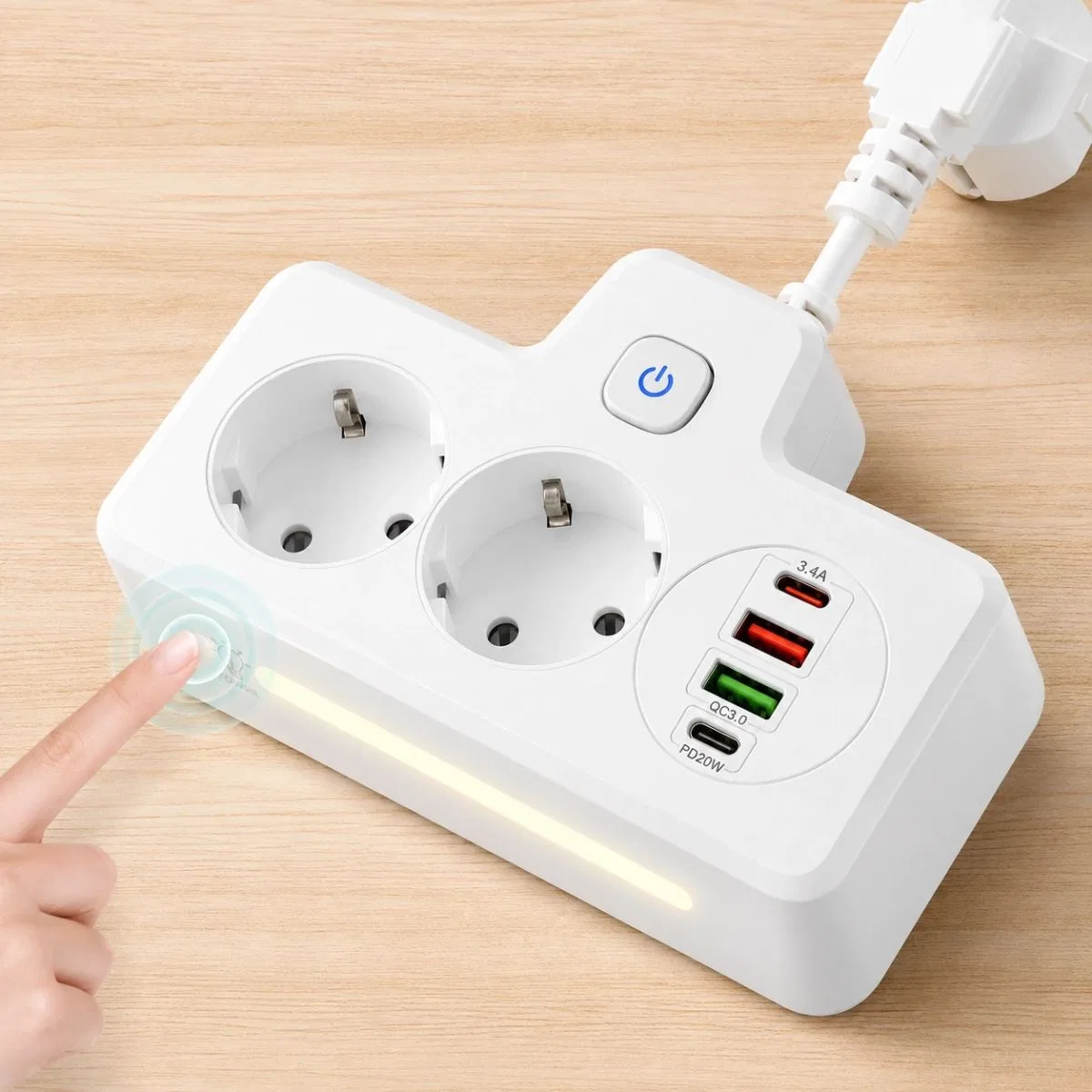 Bkl-502 Akım Korumalı 2li Priz 2 Usb Ve 2 Type-c Çıkış 4000w Hızlı Şarj Duvar Tipi Dokunmatik Led Aydınlatmalı görsel 3