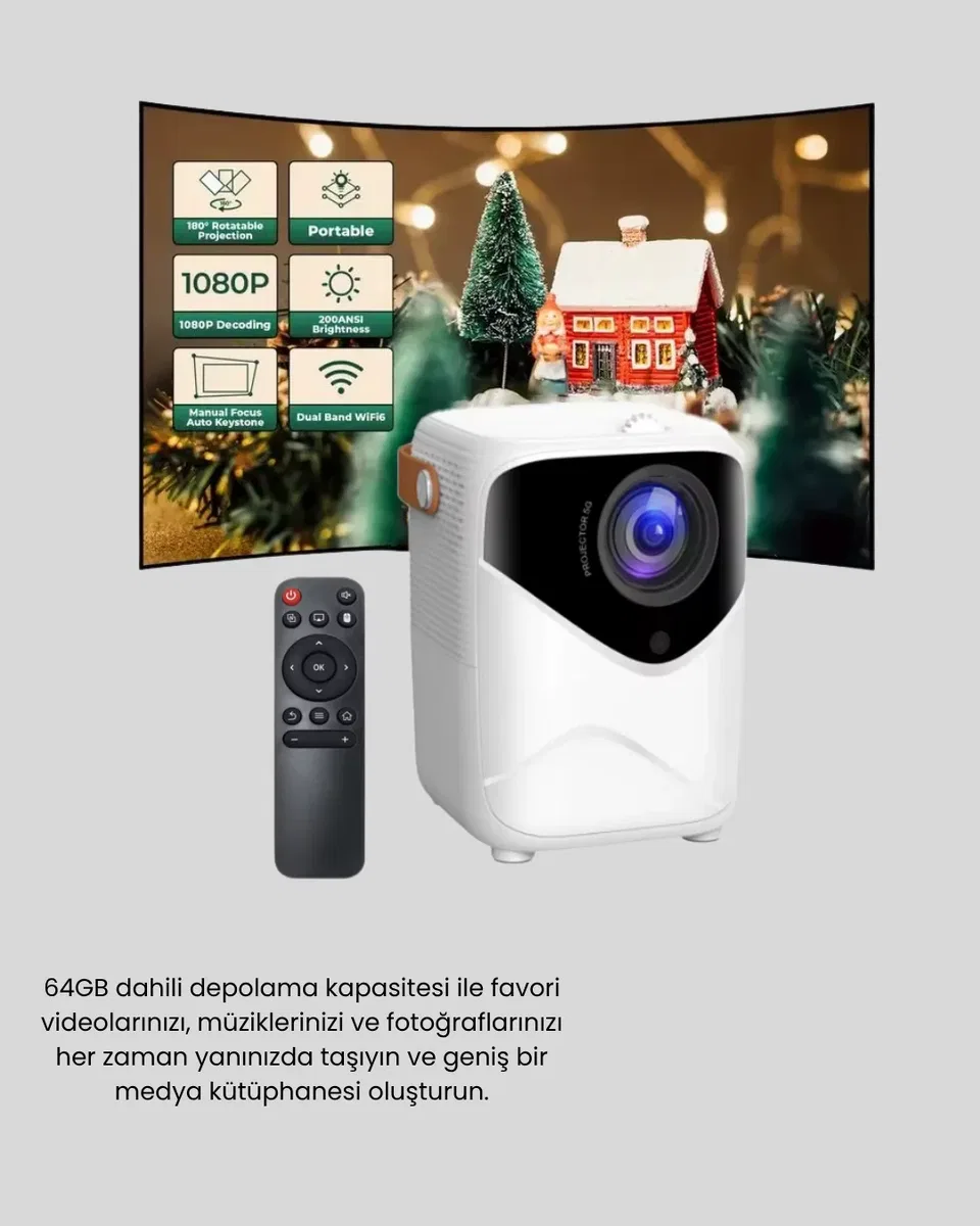Mini Akıllı Projektör – 1080P Full HD, 64GB Depolama, 2GB RAM, Uzaktan Kumanda Destekli Yeni Nesil görsel 4