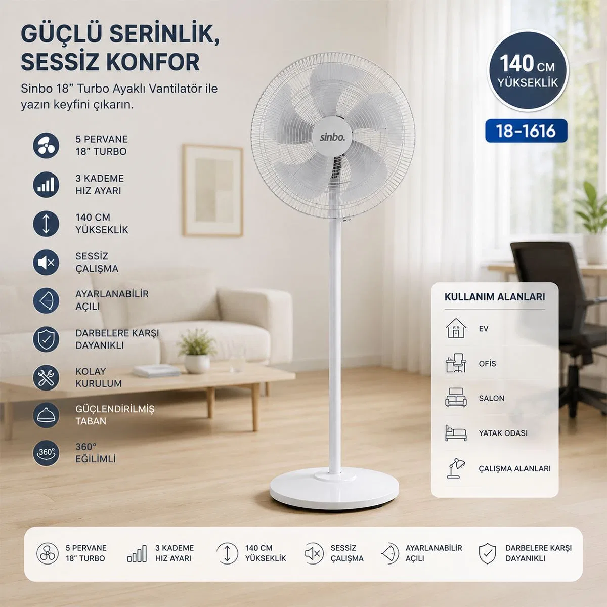 Ayaklı vantilatör 5 kanat 18'' (yaklaşık 45 cm) Sessiz 3 Kademe 140 cm görsel 4