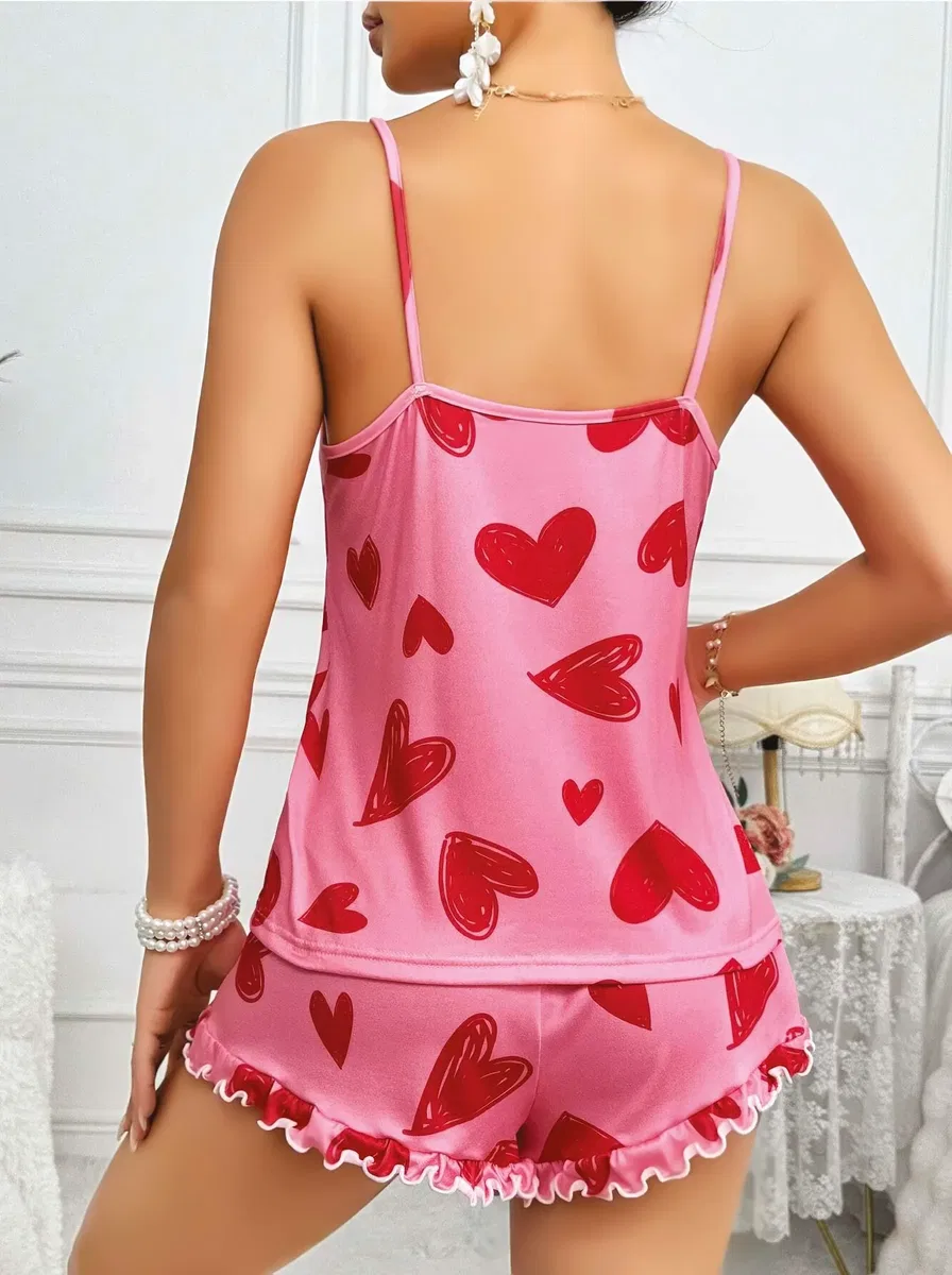 Kadın Pembe Kalp Baskılı Şortlu Gecelik Pijama Takımı 5050 görsel 2