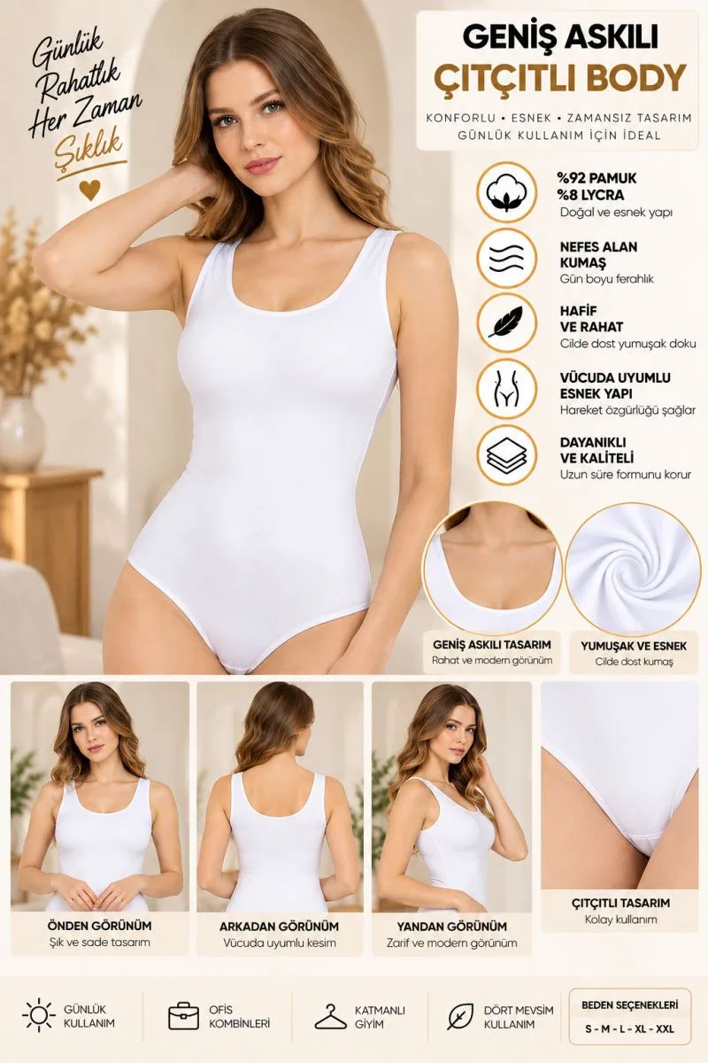 Kadın Geniş Askılı Çıtçıtlı Body Beyaz, Esnek Kumaş, Vücuda Oturan Basic Kadın Body - ryl - 2700 görsel 3