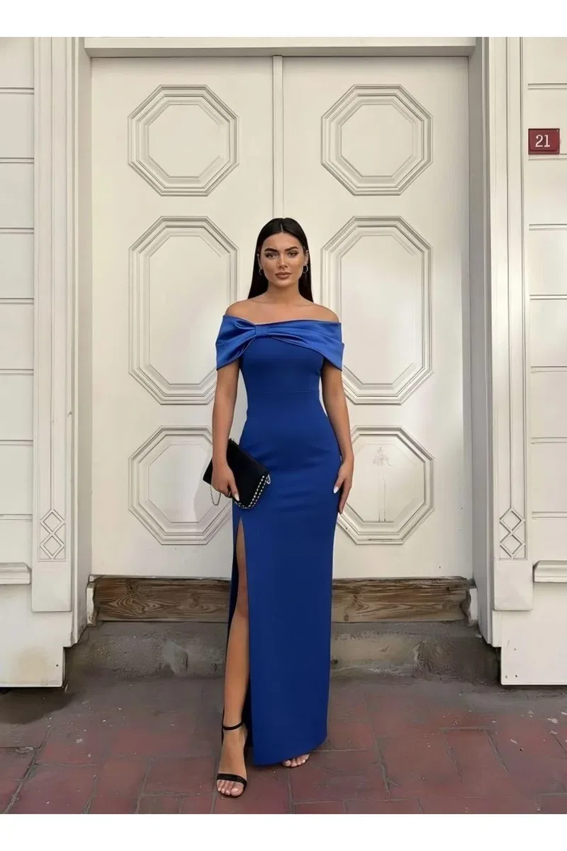 Kadın Günlük Carmen Yaka Kolsuz Saten Kumaş Omzu Açık Abiye Elbise görsel 3