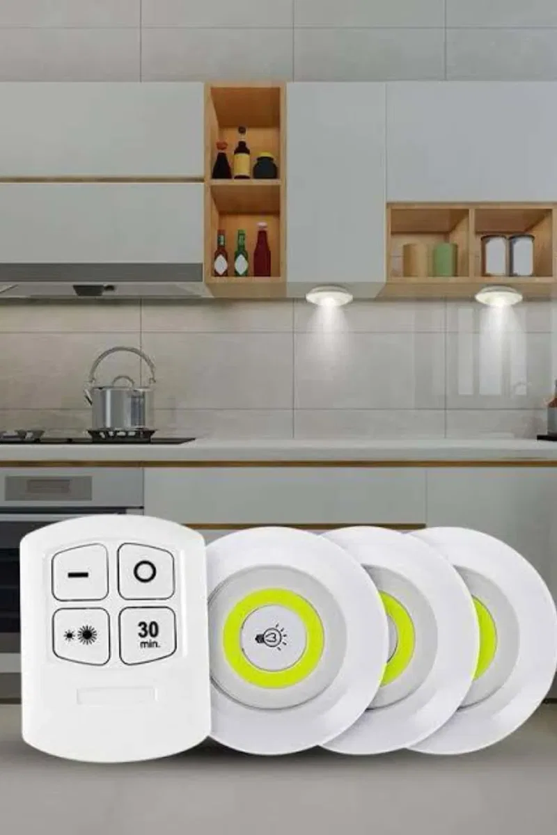 Yapışkanlı 3'lü Spot Led Işık Lamba Montajsız Pilli Uzaktan Kumandalı görsel 3