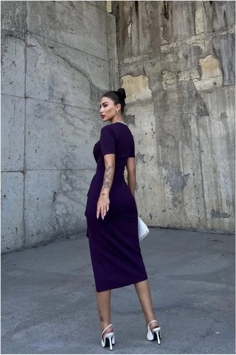 Kadın Modern Krep Kumaş Bisiklet Yaka Yırtmaçlı Abiye Elbise görsel 4