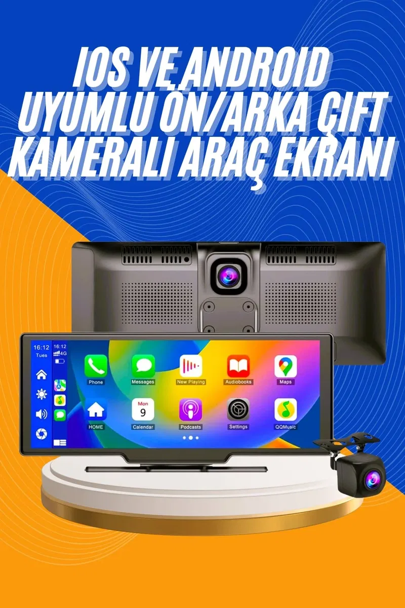 Android ve İOS Uyumlu Ön Arka Çift Kameralı Araç Ekranı Dokunmatik CarPlay