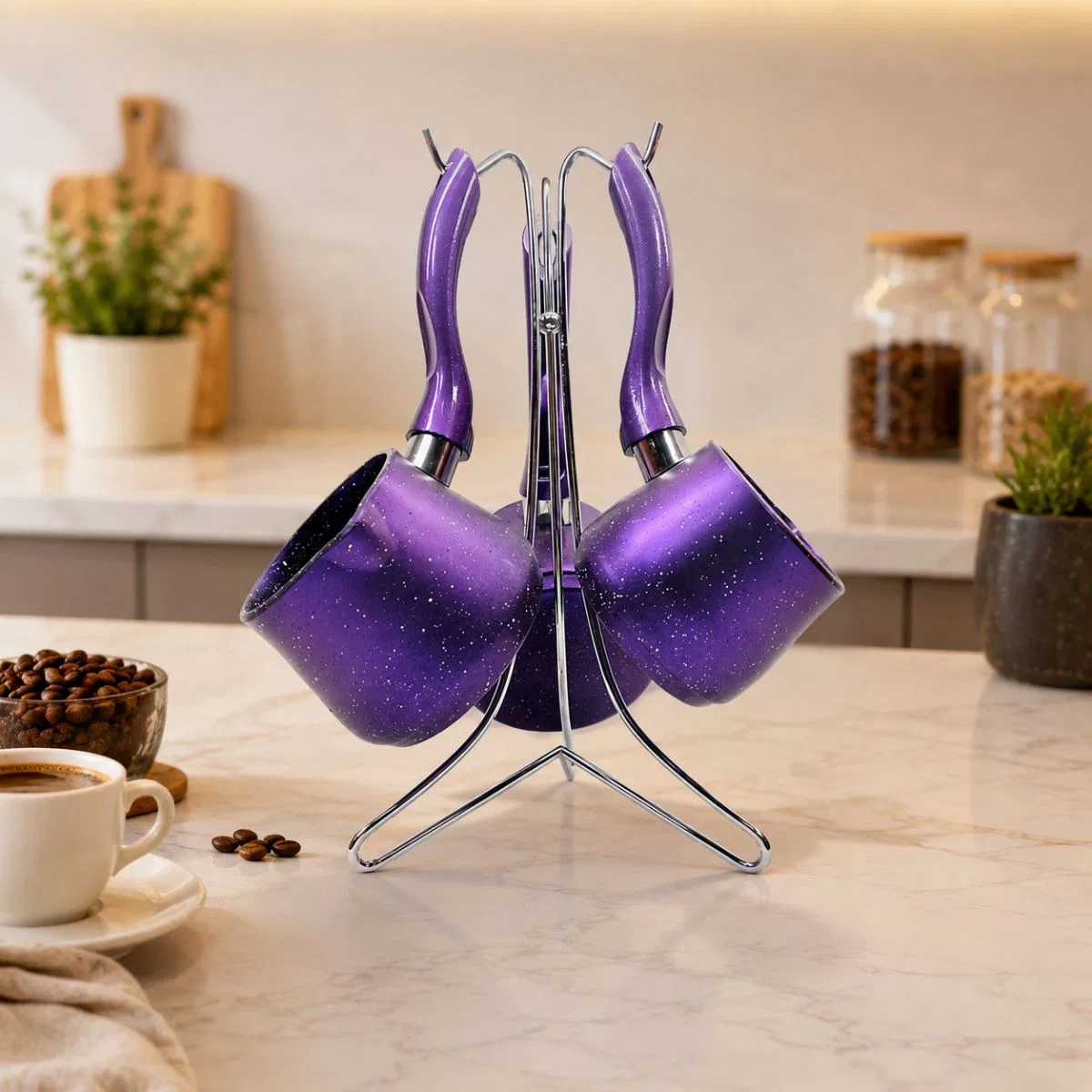 Granit Çelik Cezve Seti 4'lü (230/280/380 ml) Metal Standlı görsel 5