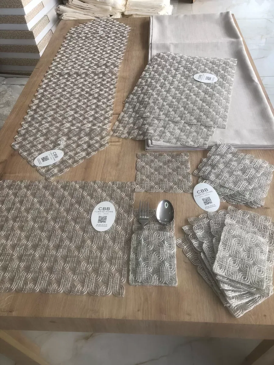 Sofra Takımı Orion Gardenya Keten Yemek Takımı 160x260 Masa Seti 26 Parça Runner Set Platin görsel 7