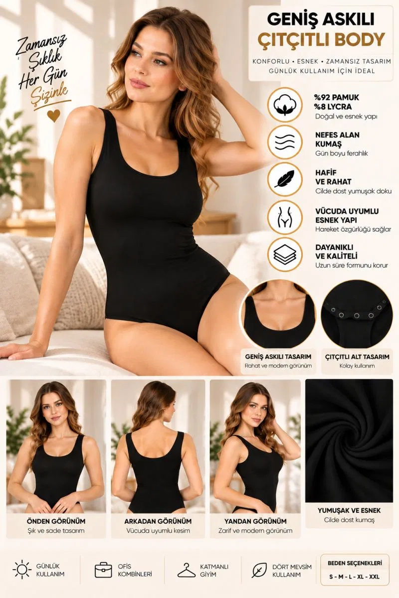 Kadın Geniş Askılı Çıtçıtlı Body Siyah, Esnek Kumaş, Vücuda Oturan Basic Kadın Body - ryl - 2701 görsel 3