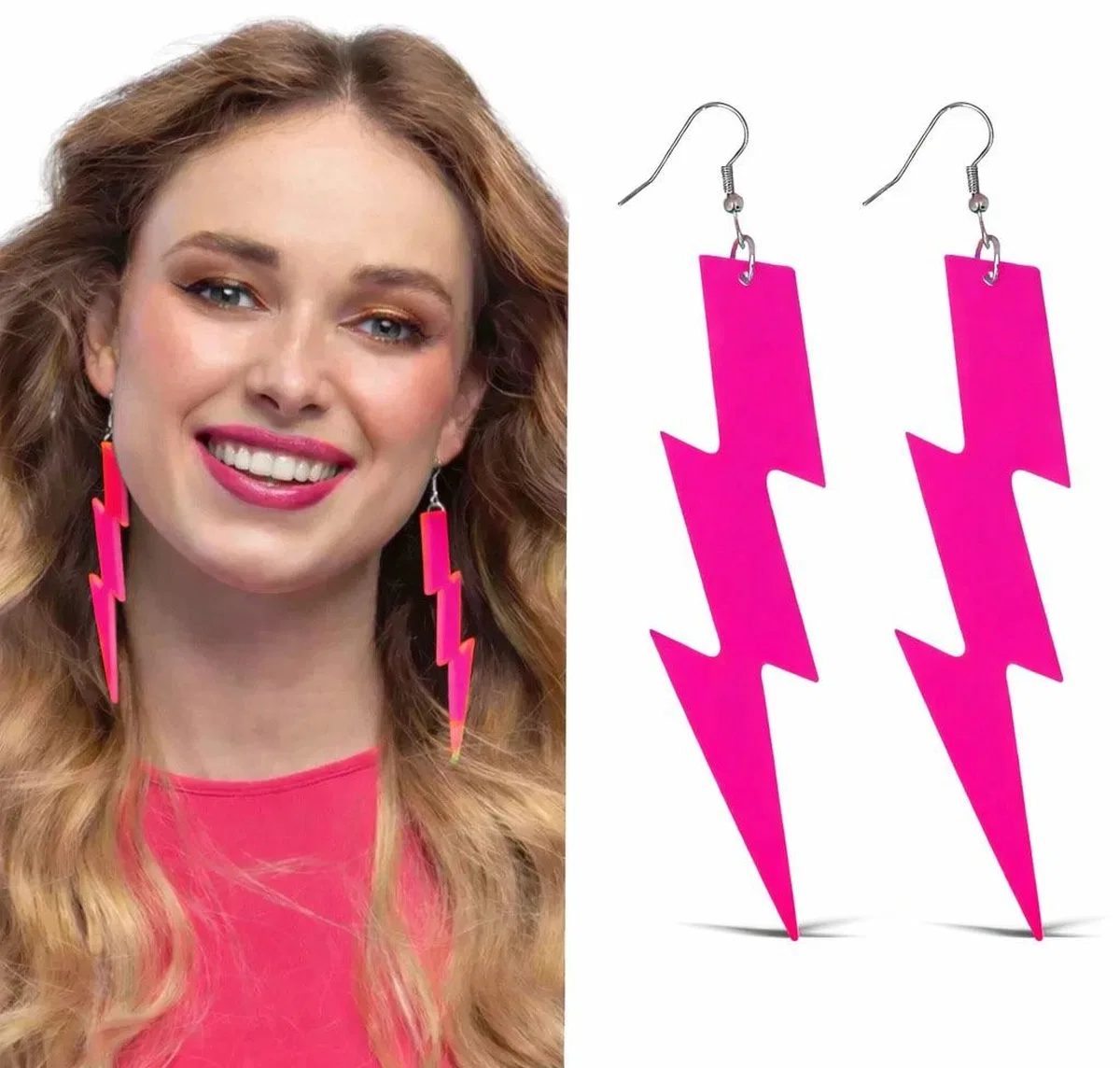 80’ler 9039lar Retro Neon Pembe Şimşek Küpe 10 Cm görsel 5