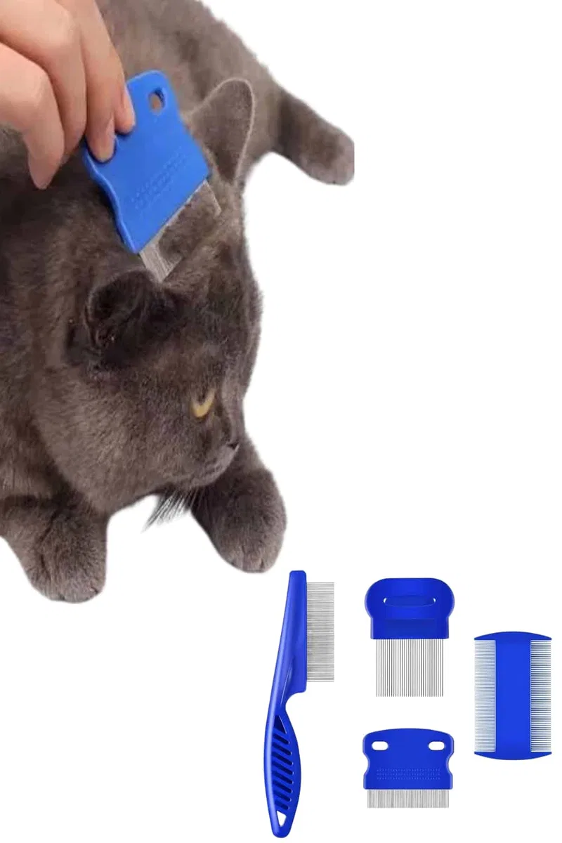 4'lü Bit Pire Tarağı Set Kedi Köpek Evcil Hayvan Tüy Toplayıcı Mavi görsel 5